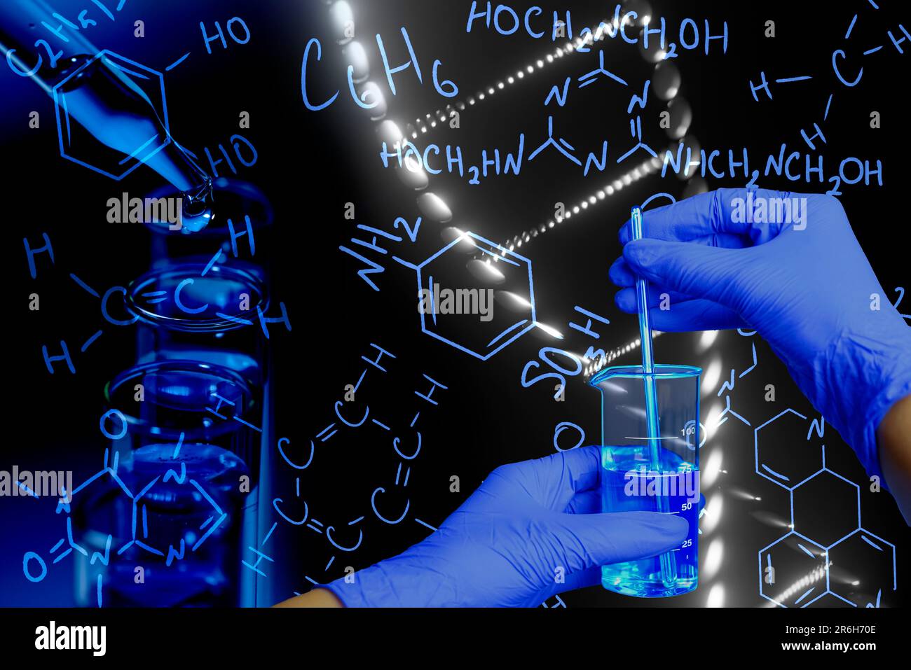 Scientist stirring liquid with glass rod, dripping reagent into test tube and different chemical