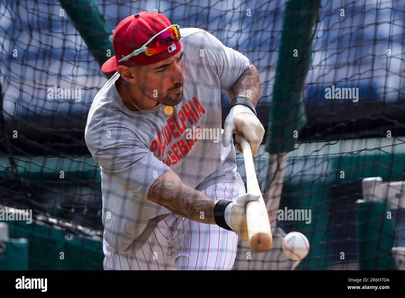 Philadelphia Phillies' Nick Castellanos takes batting practice before a
