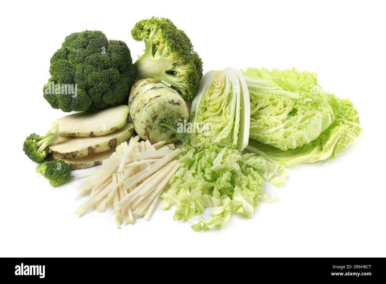 Different types of cut cabbage on white background Stock Photo - Alamy