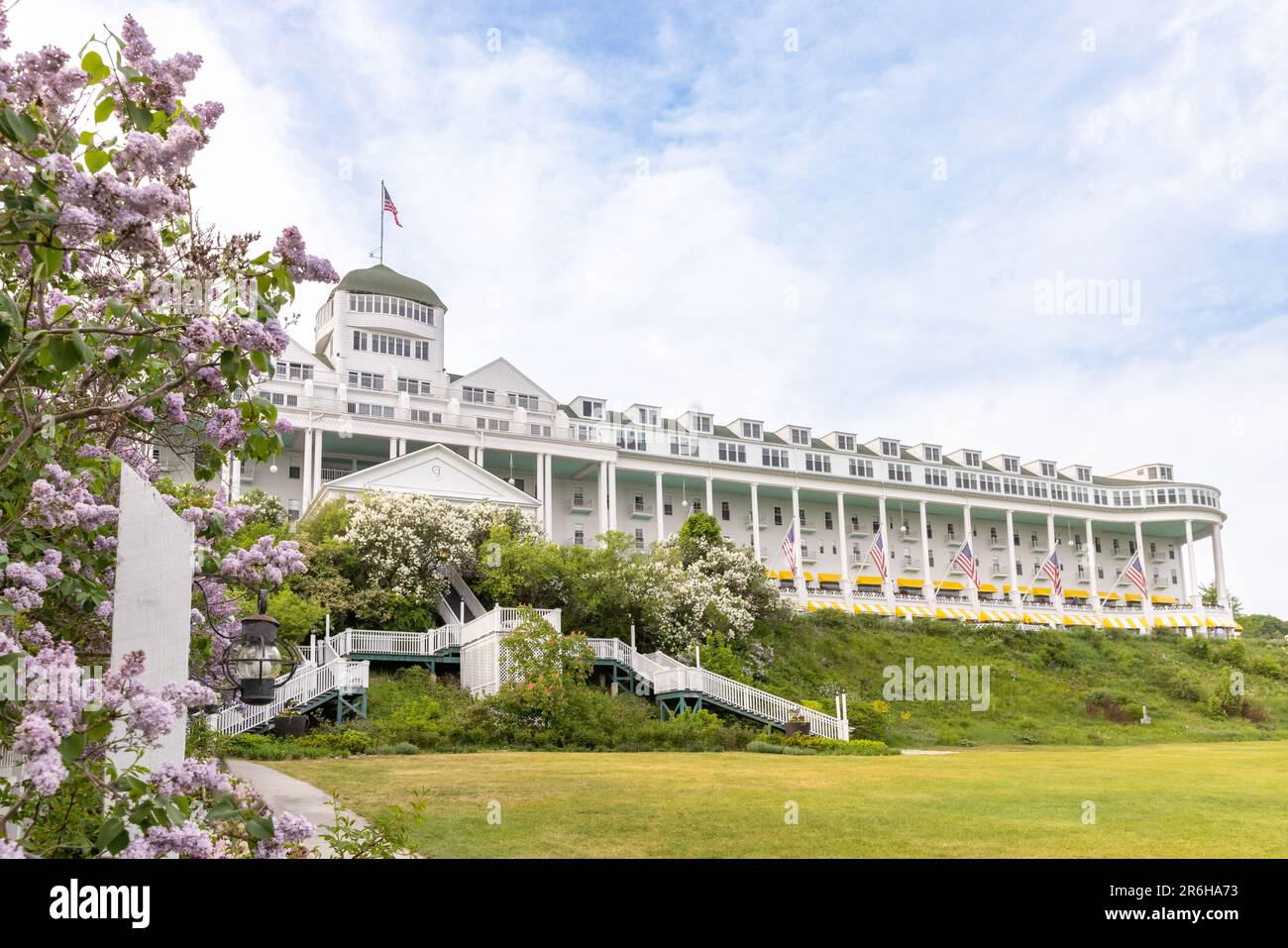 Lilacs blooming in front of the Grand Hotel on Mackinac Island during