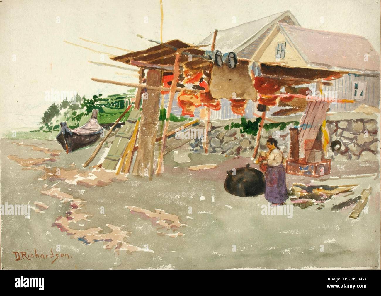 Salmon Drying, Indian Village, Alaska. Date: ca. 1880-1914. watercolor on paper, mounted on colored paper. Museum: Smithsonian American Art Museum. Stock Photo