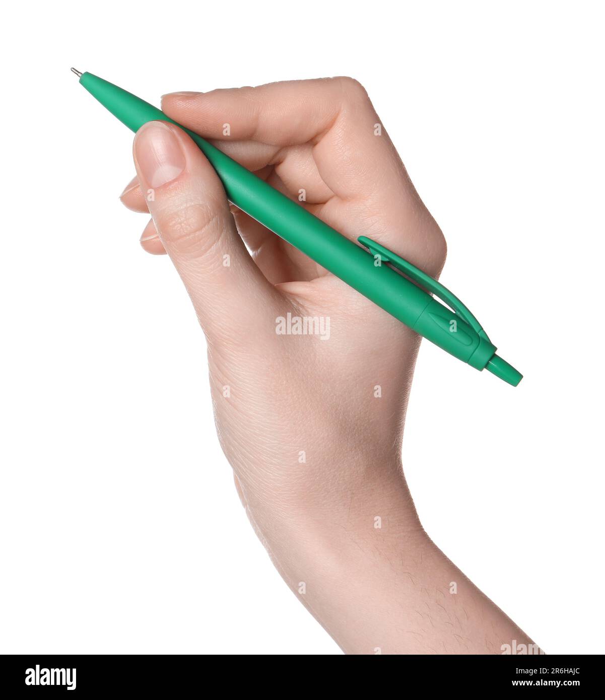 Woman holding pen on white background, closeup of hand Stock Photo - Alamy
