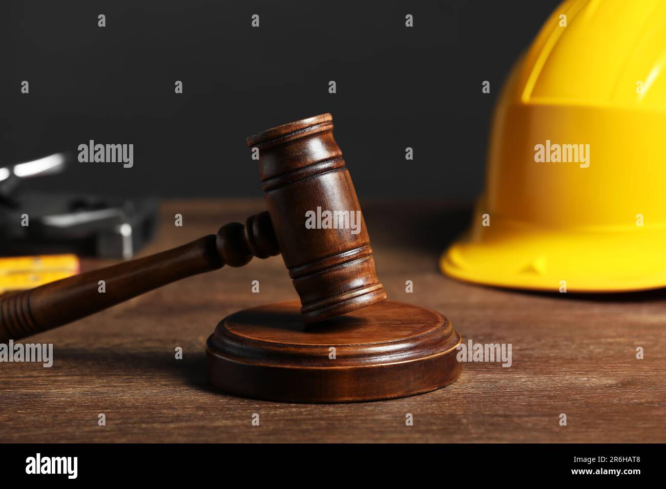 Construction and land law concepts. Gavel on wooden table, closeup Stock Photo