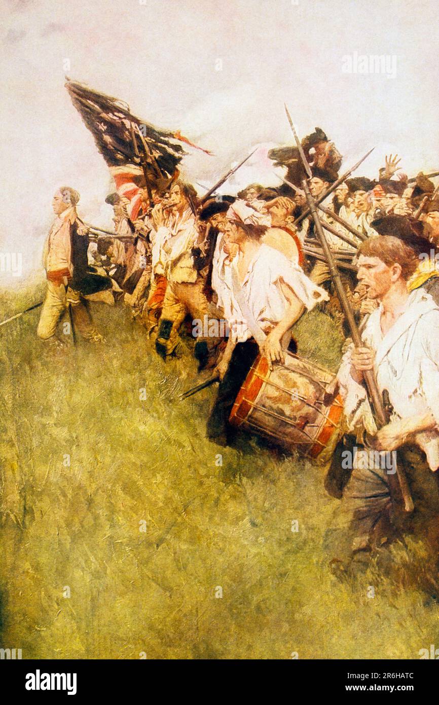 1770s 1906 HOWARD PYLE ILLUSTRATION THE NATION MAKERS SHOWING AMERICAN REVOLUTION SOLDIERS OF CONTINENTAL ARMY AT BRANDYWINE - kh13317 NAW001 HARS RISK CONFIDENCE FREEDOM GOALS WARS ADVENTURE VICTORY STRATEGY COURAGE LEADERSHIP CONTINENTAL DIRECTION MAKERS PRIDE NATION 1776 POLITICS UNIFORMS WAR OF INDEPENDENCE 1906 CONCEPTUAL TITLED COLONISTS STARS AND STRIPES REVOLT AMERICAN REVOLUTIONARY WAR HOWARD PYLE OLD GLORY 1770s COLONIES FIREARM FIREARMS INFANTRY RED WHITE AND BLUE TOGETHERNESS CAUCASIAN ETHNICITY OLD FASHIONED Stock Photo