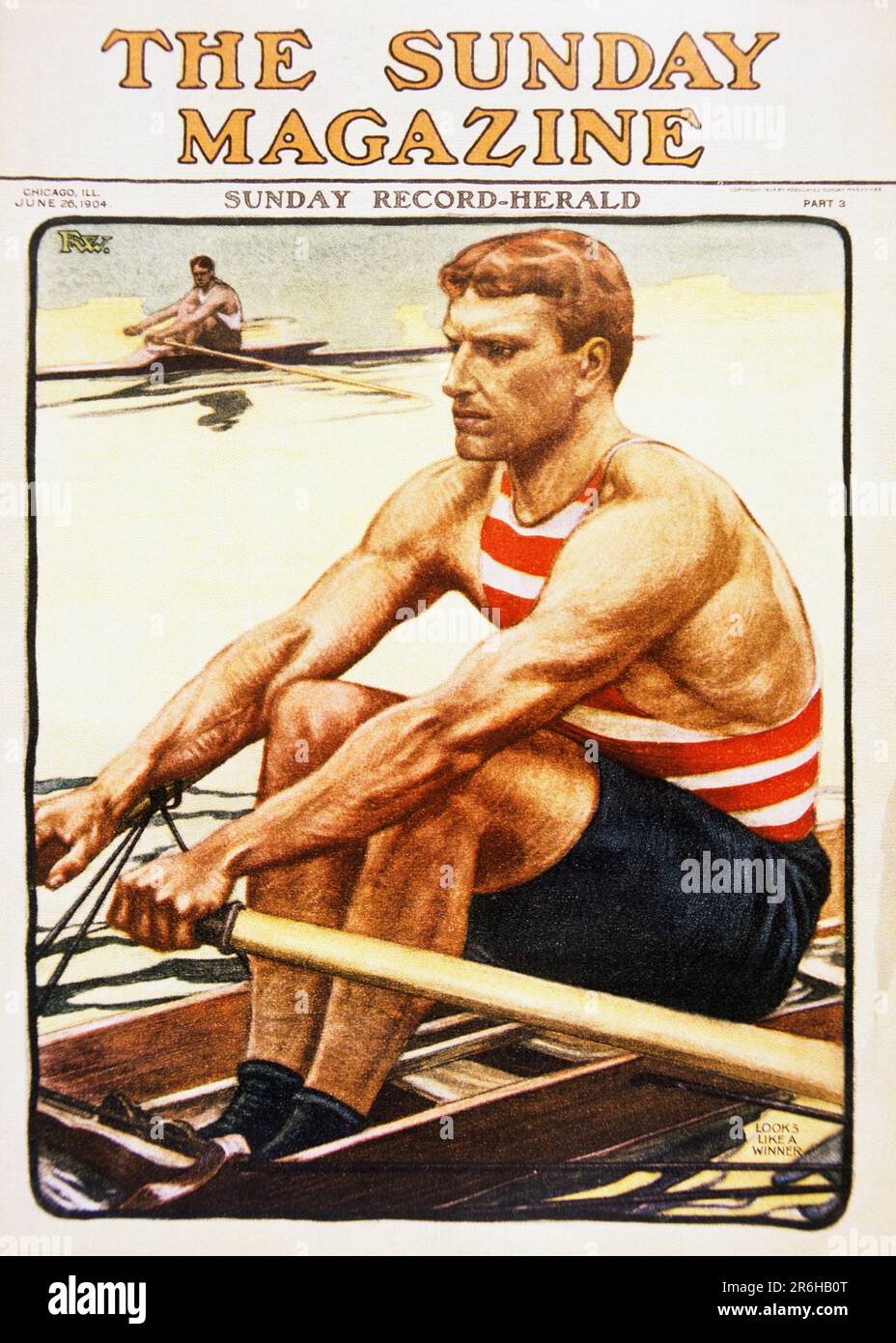 1900s CLOSE-UP MAN ROWING IN SINGLE SCULL SHELL BOAT WITH DOUBLE SCULLS OARS SCULLING CHICAGO SUNDAY MAGAZINE JUNE 28 1904 - kh13516 NAW001 HARS ATHLETE DOUBLE UNITED STATES PERSONS SHELL UNITED STATES OF AMERICA MALES ATHLETIC EXPRESSIONS NORTH AMERICA NORTH AMERICAN ACTIVITY PHYSICAL STRENGTH SCULLING SHELLS IN NARROW OARS MADE CLOSE-UP COMPETITIVE DRAG FLEXIBILITY MUSCLES ILLINOIS ORIGINALLY RIGGERS ROWING BOAT SCULL SINGLE SCULL CAUCASIAN ETHNICITY DESIGNED IL OLD FASHIONED SCULLS Stock Photo