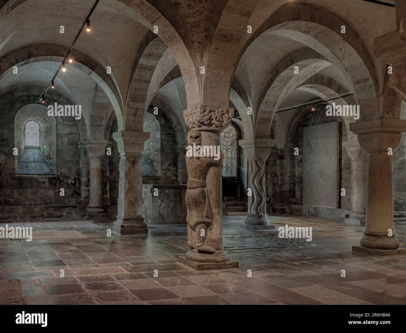 Finn the giant embraces a pillar in the crypt of Lund Cathedral, May 22, 2023 Stock Photo