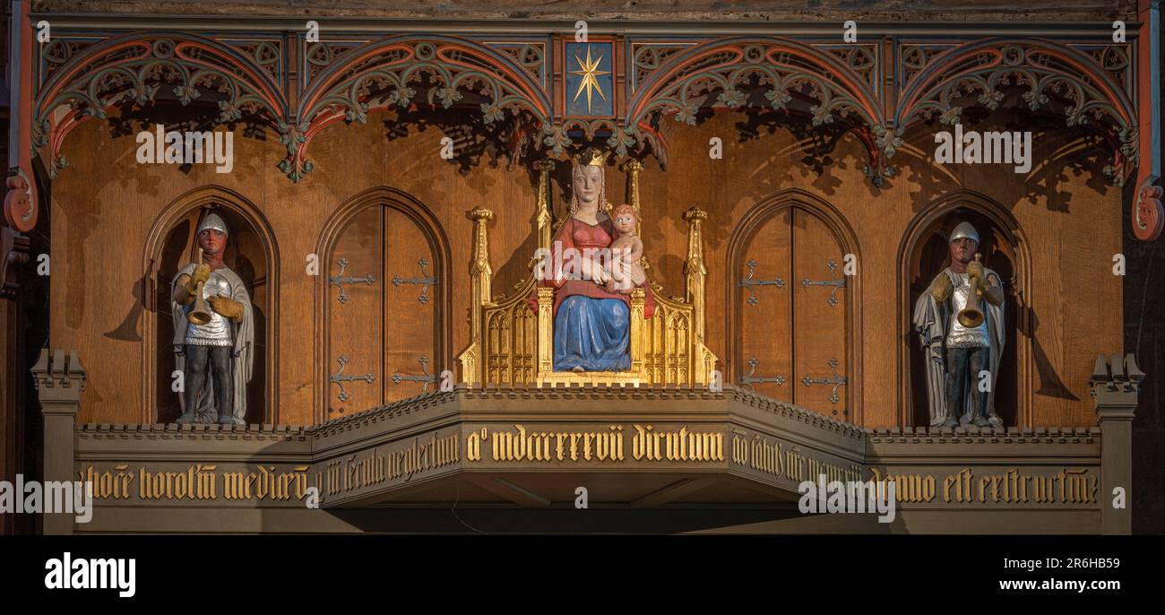 Lund Cathedral Astronomical Clock with St. Mary and two heralds, Lund, May 22, 2023 Stock Photo