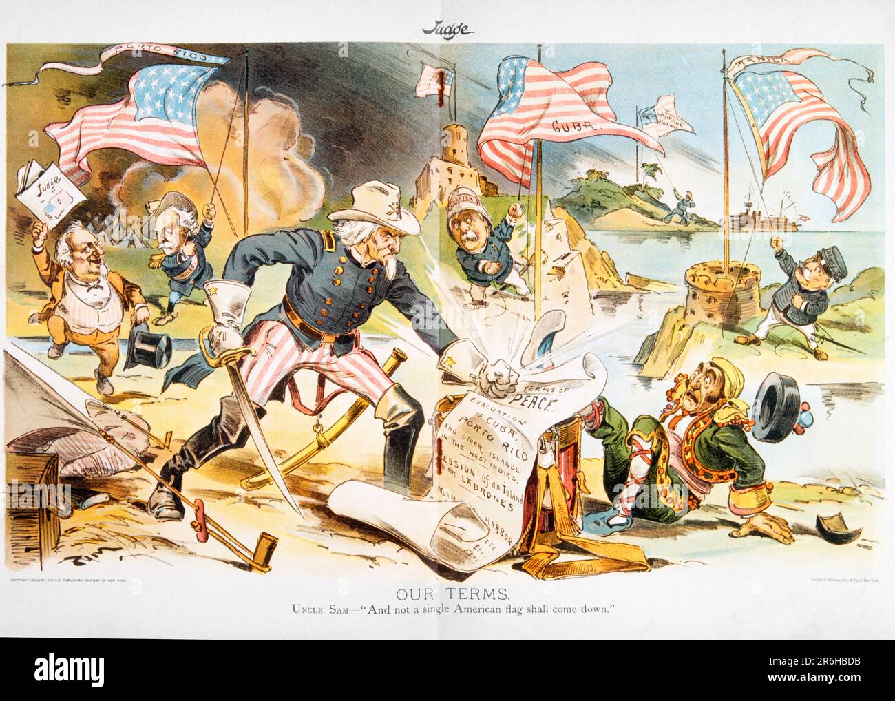 1890s 1898 CENTERFOLD FROM JUDGE MAGAZINE AN ANGRY UNCLE SAM DEMANDS TERMS OF PEACE SPANISH-AMERICAN WAR POLITICAL CARTOON - kh13543 NAW001 HARS LEADERSHIP POWERFUL PRIDE OPPORTUNITY AUTHORITY POLITICS CONCEPTUAL STARS AND STRIPES OLD GLORY PANORAMIC CENTERFOLD CUBA JUDGE MAGAZINE KI RED WHITE AND BLUE SOLUTIONS TERMS CARTOONIST OLD FASHIONED PUERTO RICO SABER UNCLE SAM Stock Photo