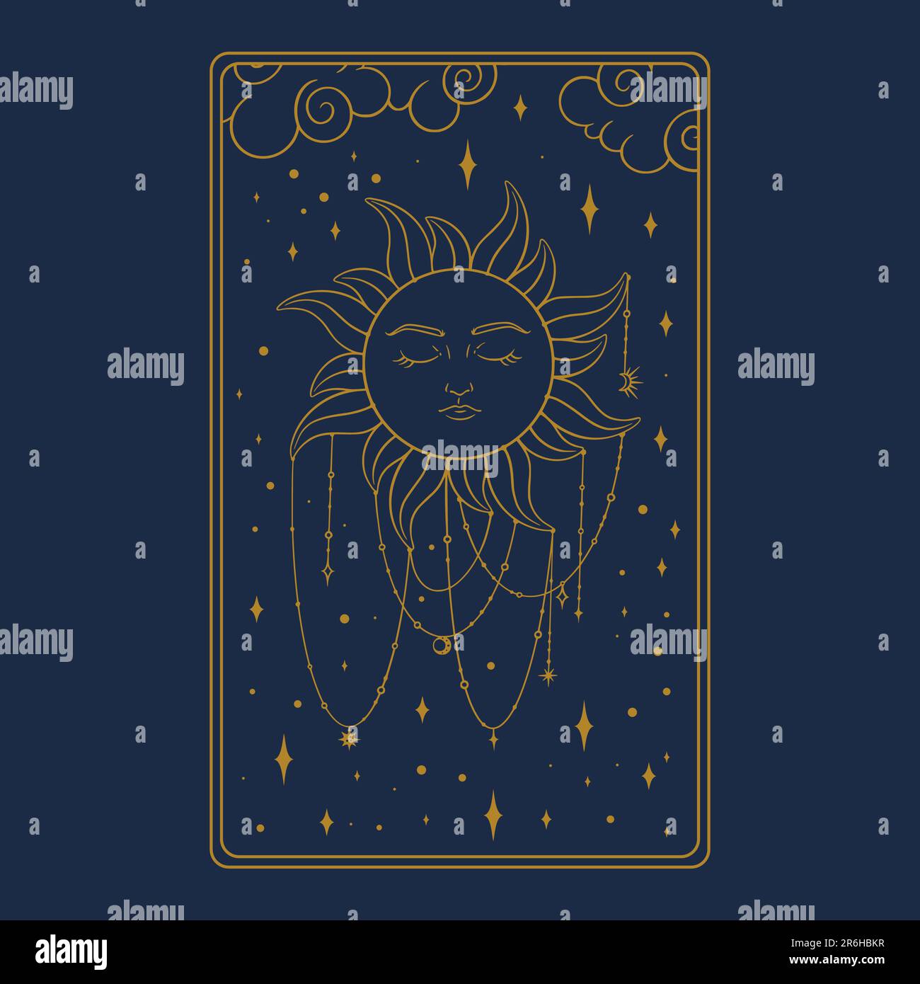 Tarot aesthetic golden card. Outline tarot design for oracle card covers. Vector illustration isolated in blue background Stock Vector