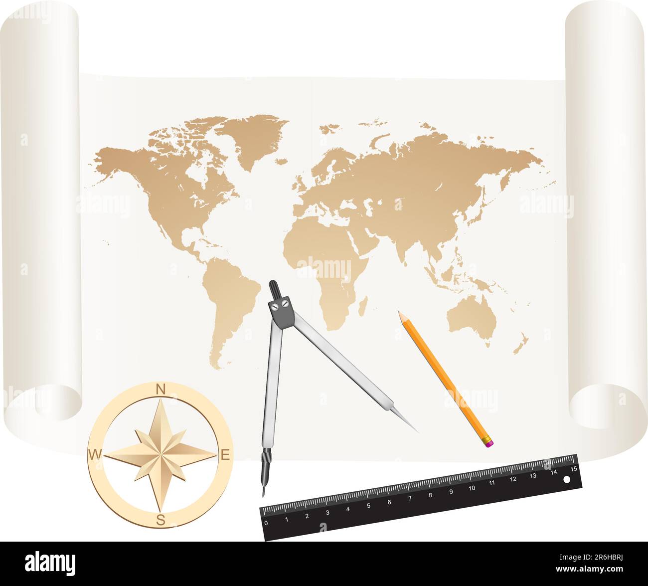 Measuring tools a compasses, a pencil and a ruler lie on a roll of paper with world map drawing Stock Vector