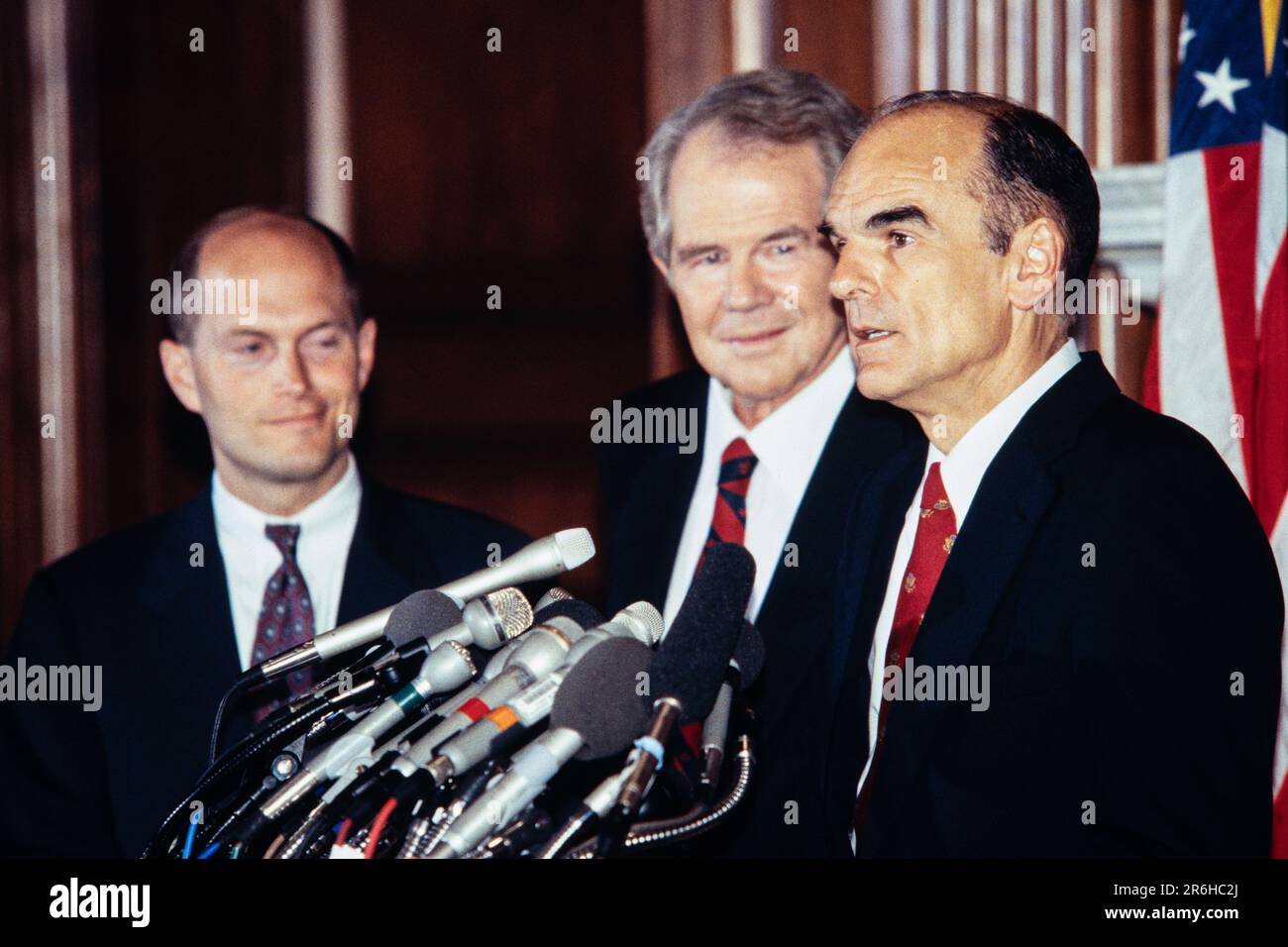 Washington, United States. 11 June, 1997. Former Interior Secretary Don Hodel, remarks during a press conference announcing he will replace founder Pat Robertson, center, as the president of the Christian Coalition on Capitol Hill, June 11, 1997 in Washington, D.C. Rep. Randy Tate, left, will become the new Executive Director of the lobbyist group. Credit: Richard Ellis/Richard Ellis/Alamy Live News Stock Photo
