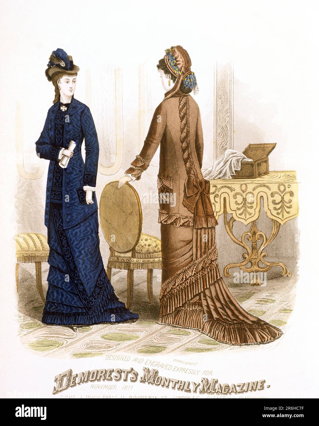 1870s DRAWING FROM DEMORESTS MONTHLY MAGAZINE TWO WOMEN STANDING IN PARLOR WEARING DRESSES AND HATS  - ko4267 NAW001 HARS HOME LIFE COPY SPACE FULL-LENGTH LADIES PERSONS INSPIRATION ENTERTAINMENT BUSINESSWOMAN DRESSES SUCCESS SELLING PATTERNS STYLES STRATEGY CUSTOMER SERVICE AND NETWORKING CHOICE EXCITEMENT KNOWLEDGE RECREATION SUCCESSFUL PRIDE OPPORTUNITY TO OCCUPATIONS CONCEPTUAL MONTHLY 1870s ESTABLISHED PARLOR STYLISH BUSINESSWOMEN CURTIS DIY 1860 ARBITER CREATIVITY DRESSMAKING FASHIONS INVENTOR MID-ADULT MID-ADULT WOMAN MILLINER ORDINARY YOUNG ADULT WOMAN CAUCASIAN ETHNICITY MASS-PRODUCED Stock Photo
