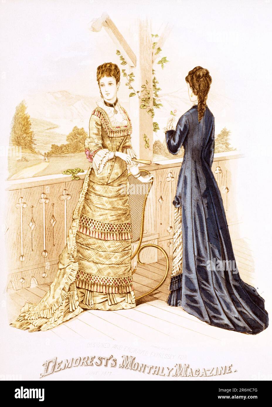 1870s DRAWING OF LADY’S FASHIONS TWO WOMEN STANDING ON A VERANDA FROM THE JUNE 1877 DEMORESTS MONTHLY MAGAZINE - ko4268 NAW001 HARS HOME LIFE COPY SPACE FULL-LENGTH LADIES PERSONS INSPIRATION ENTERTAINMENT BUSINESSWOMAN DRESSES SUCCESS SELLING PATTERNS STYLES STRATEGY CUSTOMER SERVICE AND NETWORKING CHOICE EXCITEMENT KNOWLEDGE RECREATION SUCCESSFUL PRIDE OPPORTUNITY TO OCCUPATIONS CONCEPTUAL MONTHLY 1870s ESTABLISHED PARLOR STYLISH BUSINESSWOMEN CURTIS DIY 1860 ARBITER CREATIVITY DRESSMAKING FASHIONS INVENTOR MID-ADULT MID-ADULT WOMAN MILLINER ORDINARY YOUNG ADULT WOMAN 1877 Stock Photo