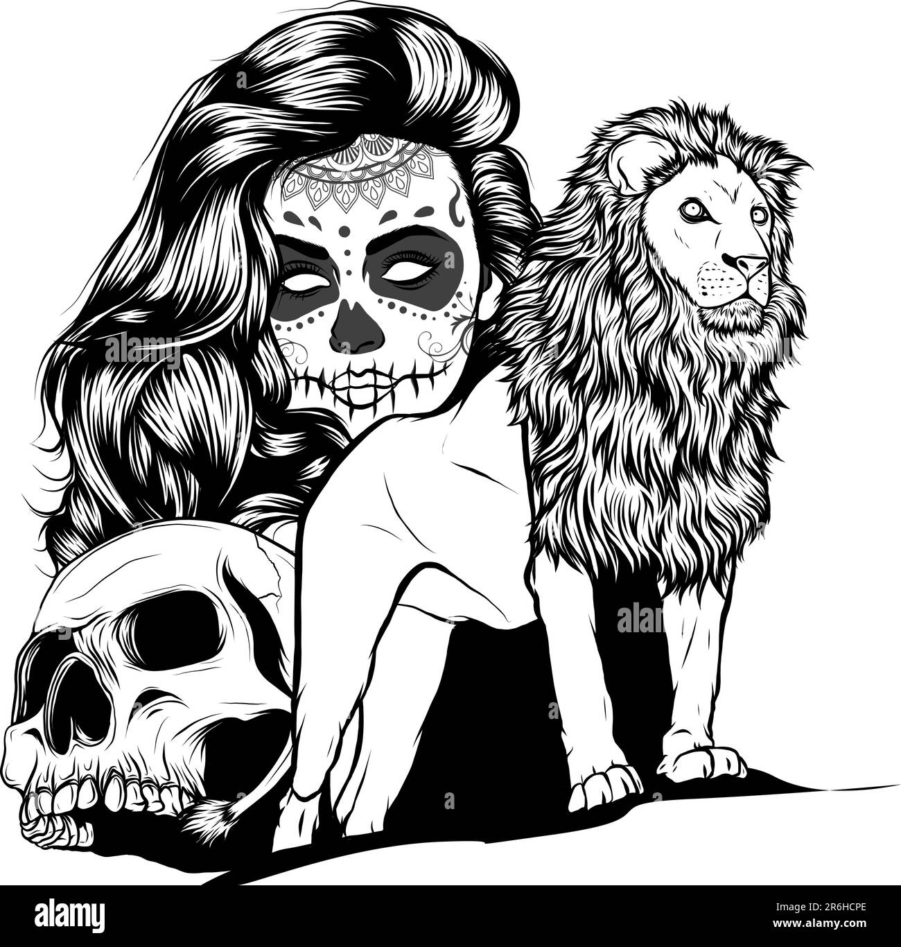 monochrome lion with human skull and head of woman makeup Stock Vector