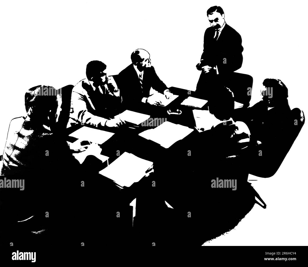 1960s SILHOUETTE OF 6 EXECUTIVE BUSINESSMEN AROUND CONFERENCE TABLE BOARD MEETING - o3229 HAR001 HARS PERSONS GROWN-UP MALES SIX CORPORATE PROFESSION SILHOUETTES EXECUTIVES MIDDLE-AGED B&W MEET OUTLINE MIDDLE-AGED MAN WORK PLACE GOALS WHITE COLLAR OCCUPATION HIGH ANGLE SILHOUETTED NETWORKING CAREERS LEADERSHIP AUTHORITY OCCUPATIONS BOSSES STYLISH NO WOMEN ALL MEN DECISIONS MANAGERS MID-ADULT MID-ADULT MAN TOGETHERNESS BLACK AND WHITE CAUCASIAN ETHNICITY HAR001 OLD FASHIONED POSTERIZED Stock Photo