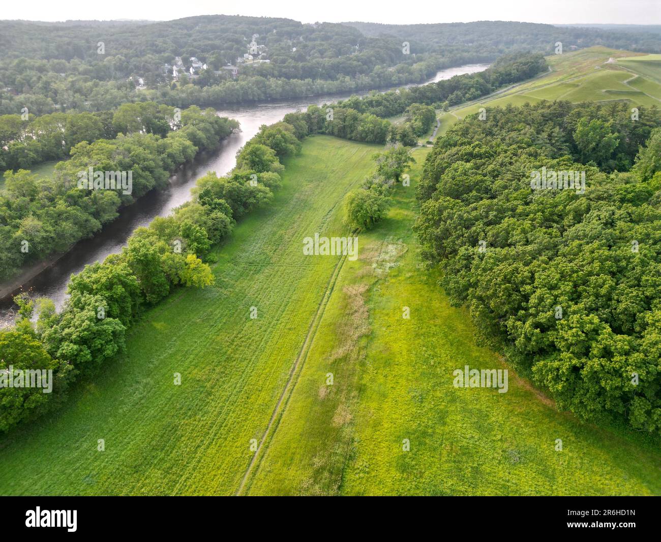 An aerial view of beautiful rural natural scenery in the countryside of