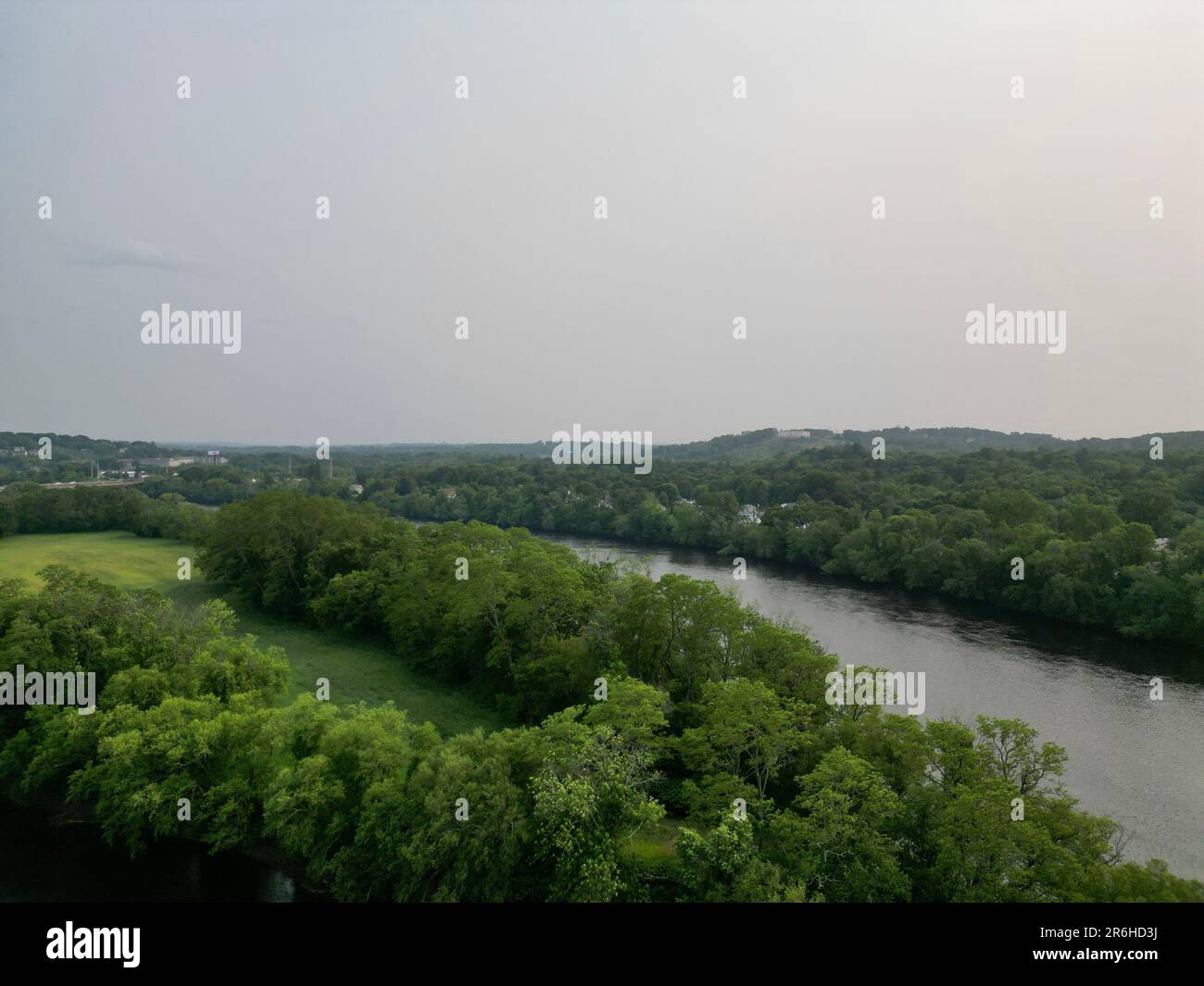 An aerial view of beautiful rural natural scenery in the countryside of