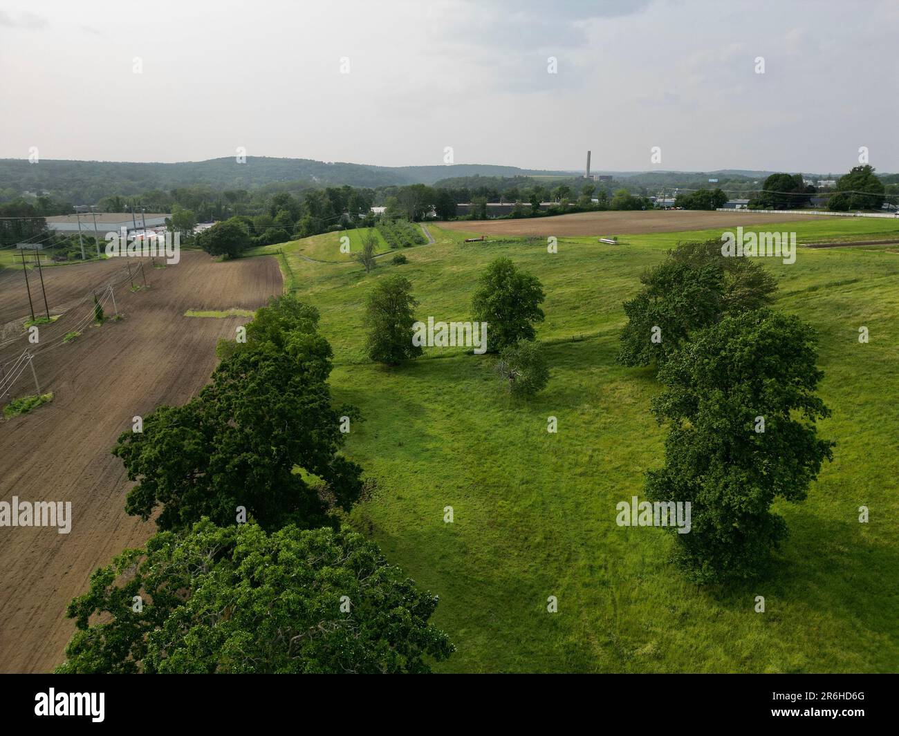 An aerial view of beautiful rural natural scenery in the countryside of