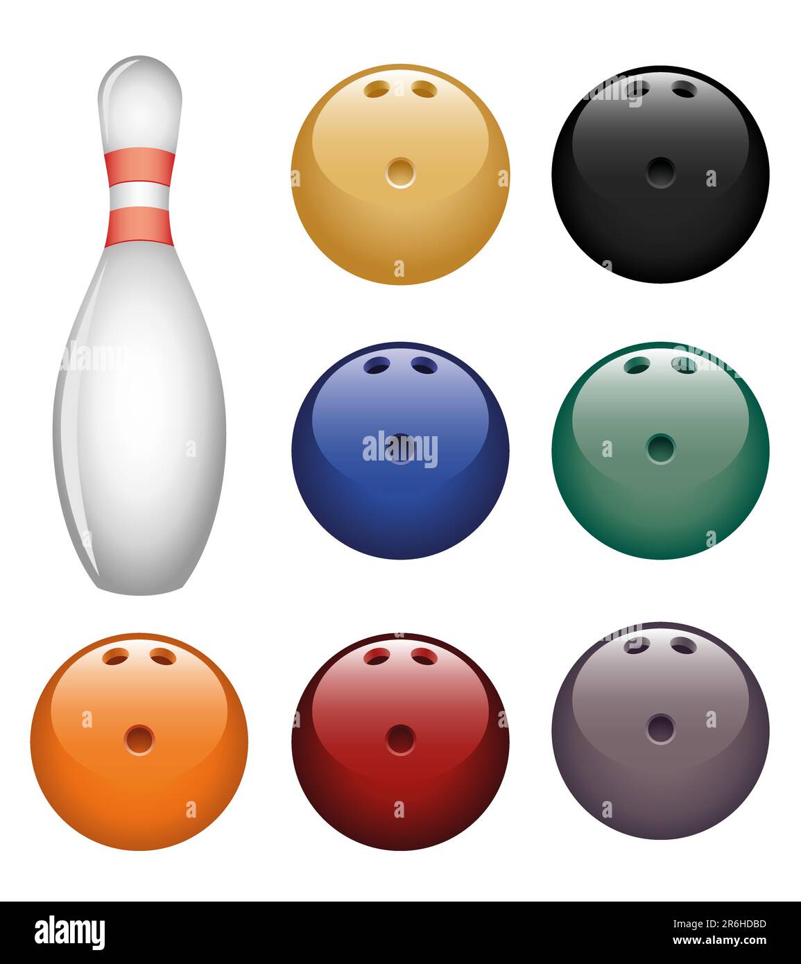 Isolated image of a bowling pin and a balls. Stock Vector