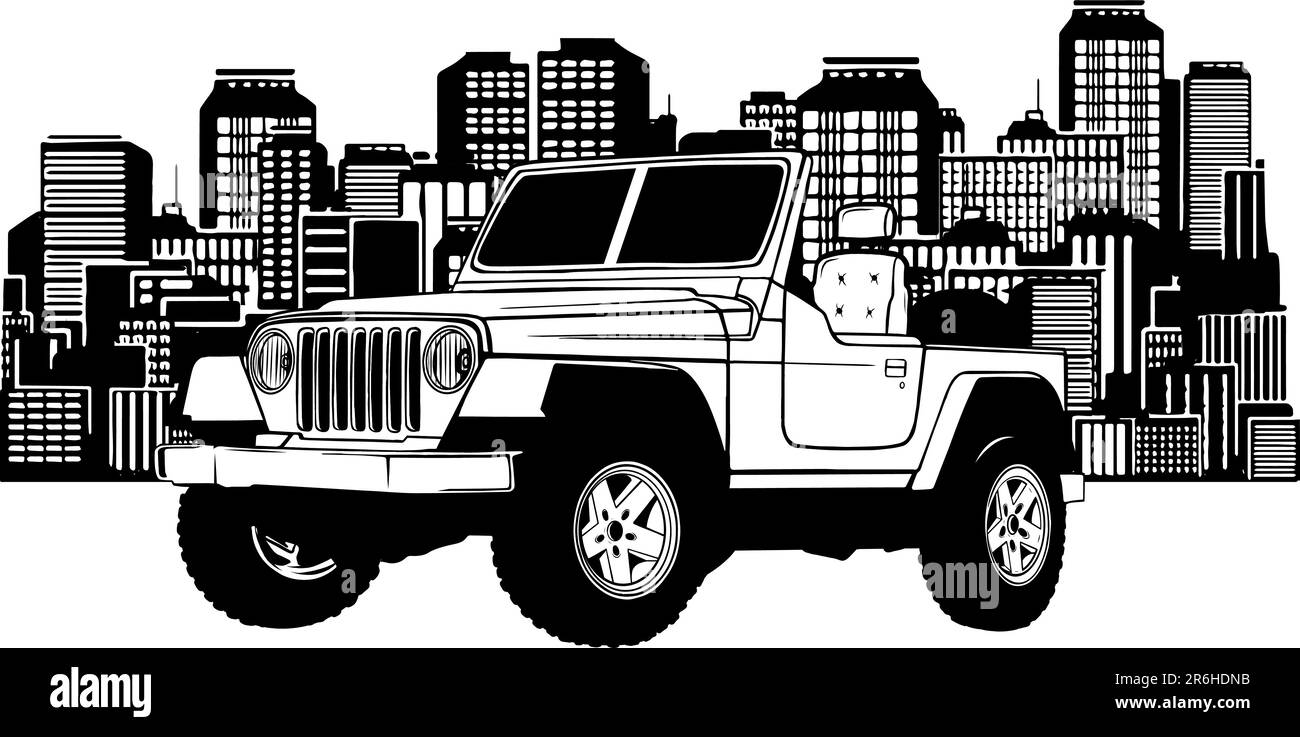 Monochrome of a jeep in front of a big city silhouette, flat style