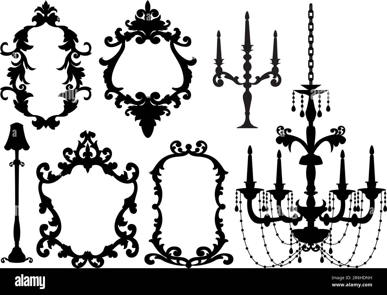 antique picture frames and crystal chandelier silhouette, vector Stock
