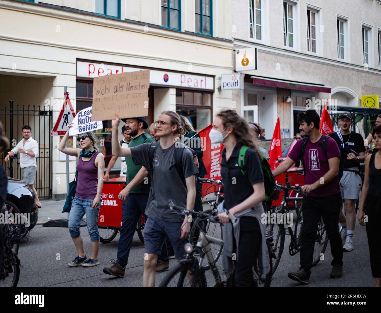 Munich, Germany. 09th June, 2023. On June 9, 2023 hundreds gathered in Munich, Germany to protest against the tightening of the right of asylum by the European Union. (Photo by Alexander Pohl/Sipa USA) Credit: Sipa USA/Alamy Live News Stock Photo