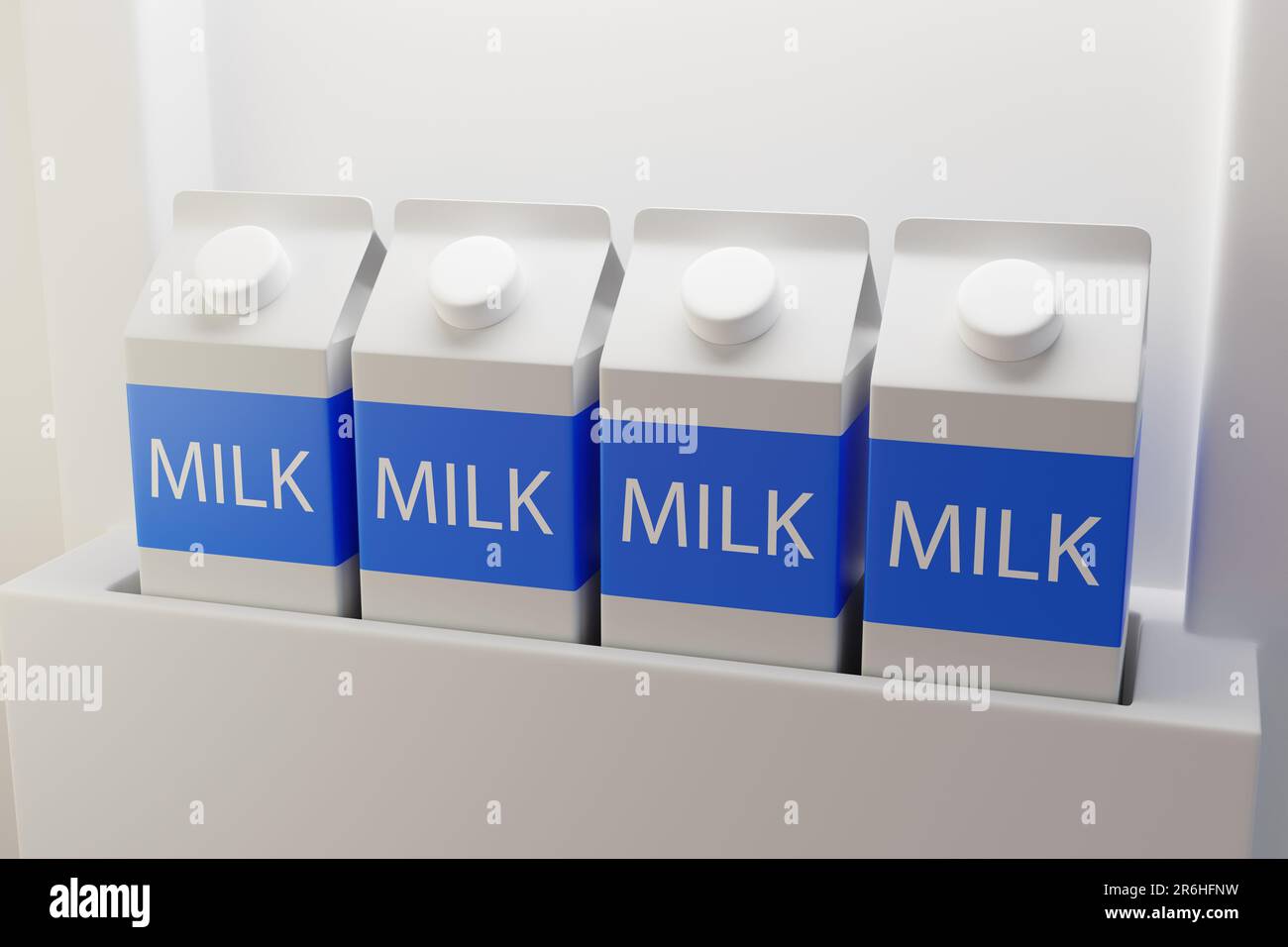 Door of fridge full of milk cartons. 3D illustration of the concept of dairy products, pasteurized milk and mistake of placing milk in the fridge door Stock Photo