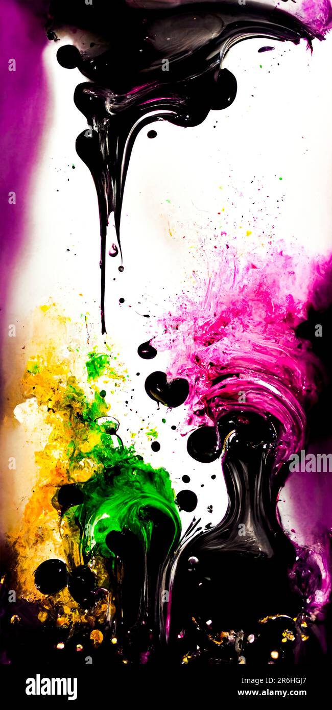 A vibrant image of a black and pink paint pour onto a white paper, featuring a backdrop of tiny