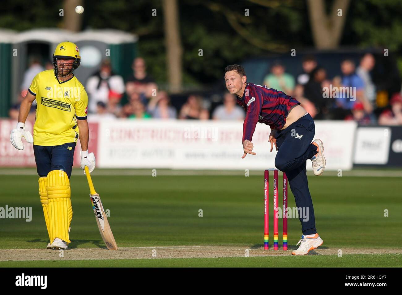 George Linde Kent cricket all-rounder bowls during the Vitality T20 Blast match between Kent Spitfires vs Hampshire Hawks at the St Lawrence Ground, Canterbury on Friday 9th June 2023. (Photo: Tom West | MI News) Credit: MI News & Sport /Alamy Live News Stock Photo