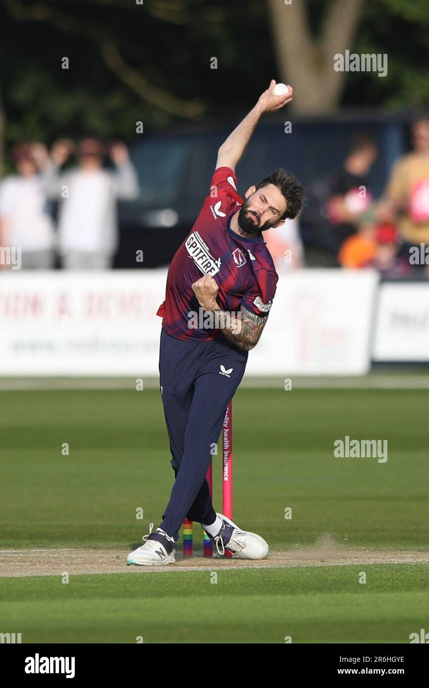 Kane Richardson Kent cricket bowler bowls a ball during the Vitality T20 Blast match between Kent Spitfires vs Hampshire Hawks at the St Lawrence Ground, Canterbury on Friday 9th June 2023. (Photo: Tom West | MI News) Credit: MI News & Sport /Alamy Live News Stock Photo