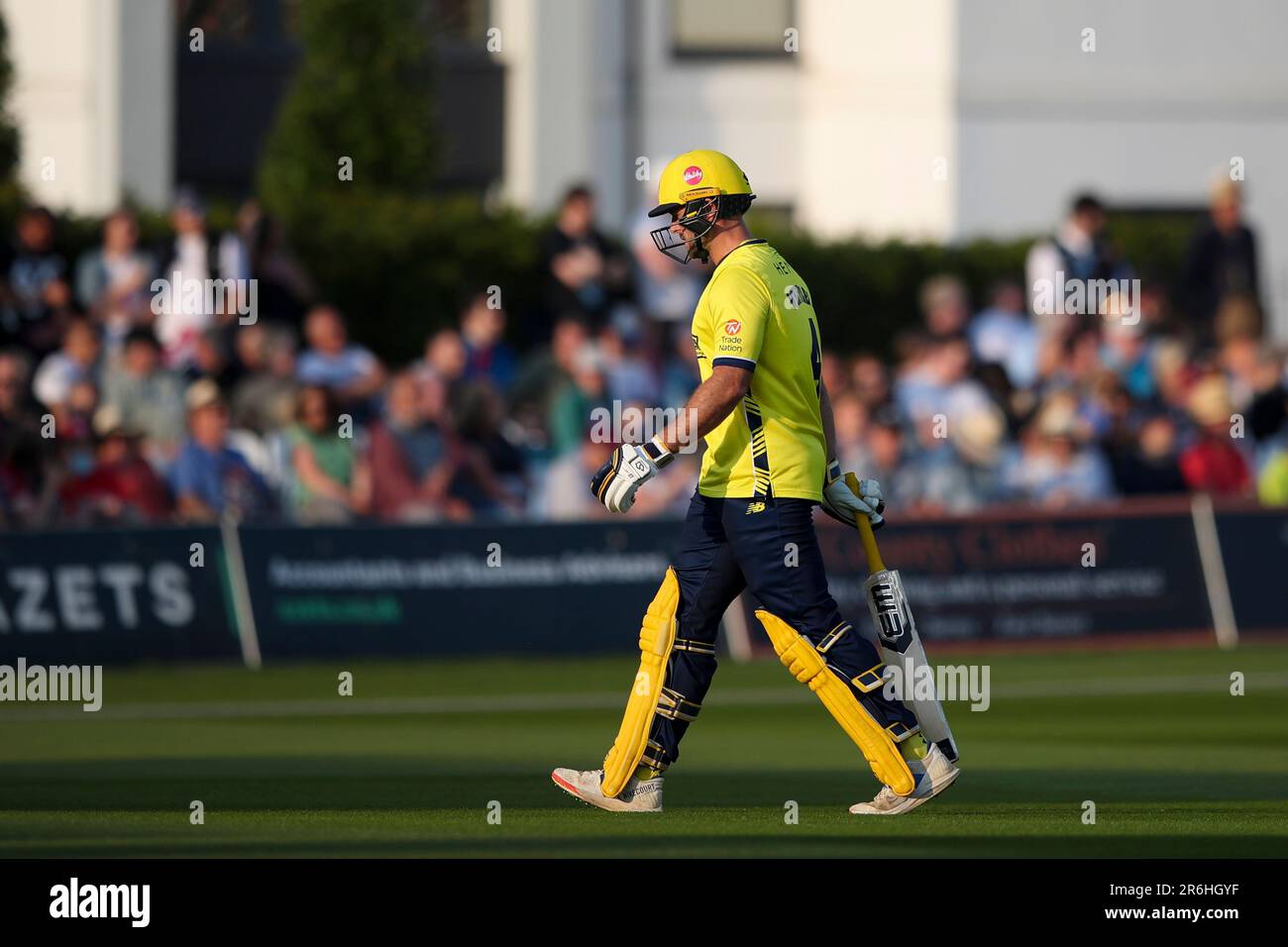 Ross Whitely Hampshire cricket batsman walks away from the field of play during the Vitality T20 Blast match between Kent Spitfires vs Hampshire Hawks at the St Lawrence Ground, Canterbury on Friday 9th June 2023. (Photo: Tom West | MI News) Credit: MI News & Sport /Alamy Live News Stock Photo