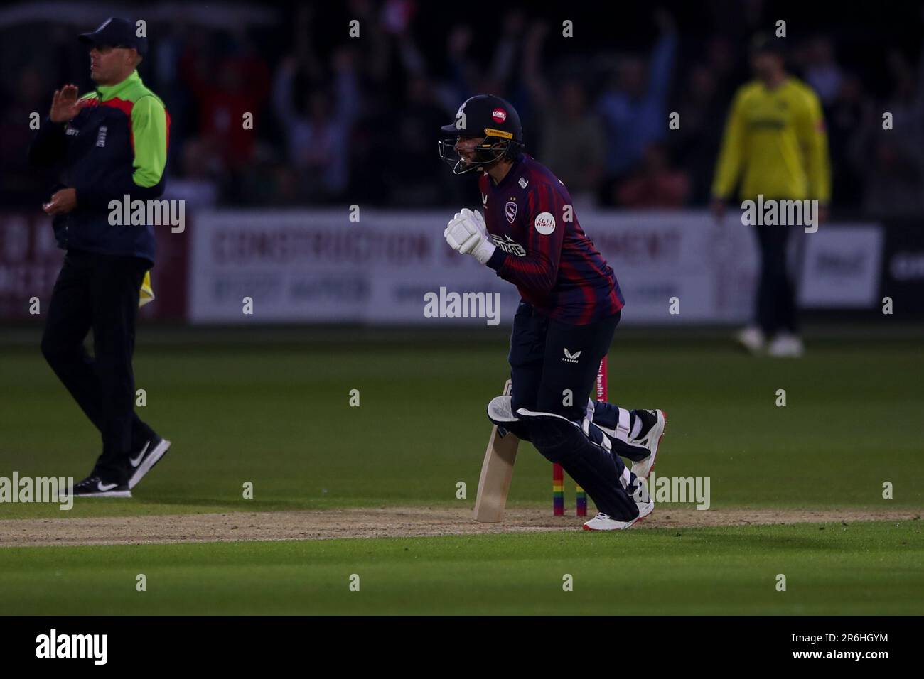 Jack Leaning Kent cricket batsman celebrates victory during the Vitality T20 Blast match between Kent Spitfires vs Hampshire Hawks at the St Lawrence Ground, Canterbury on Friday 9th June 2023. (Photo: Tom West | MI News) Credit: MI News & Sport /Alamy Live News Stock Photo