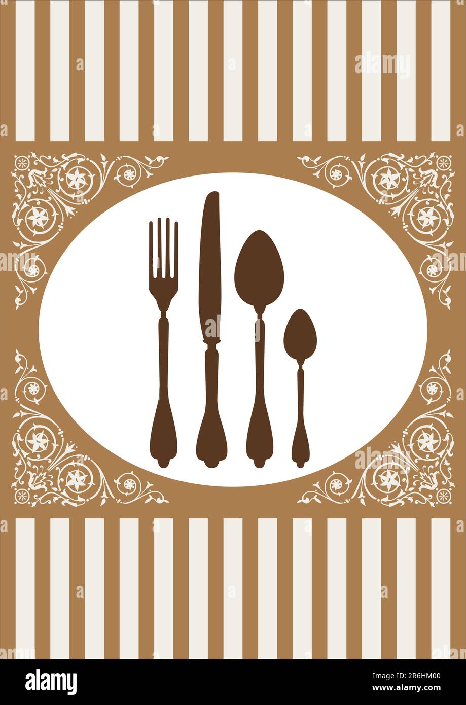 Place setting with fork, spoon and knife and ornaments. Full scalable vector graphic included Eps v8 and 300 dpi JPG. Stock Vector