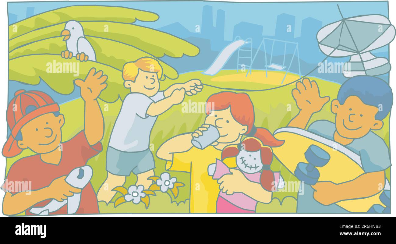 Illustration of four kids playing in the park Stock Vector Image & Art ...