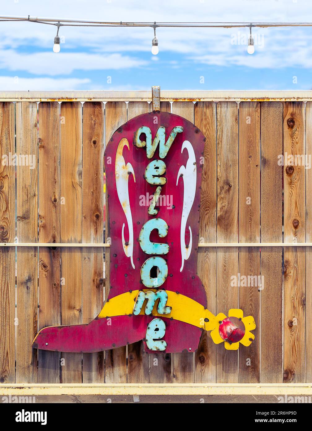 Cactus Flower, Spanish Bell Tower, Organ Mountains, Fire Hydrant, Stucco Columns and Shadows, Cowboy Boot Welcome Sign Stock Photo