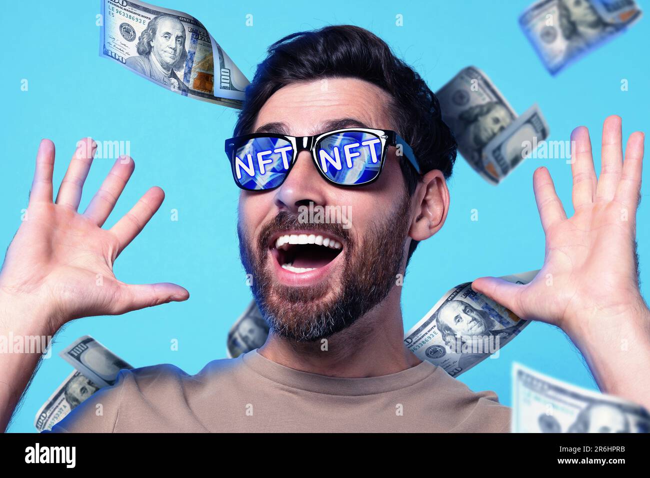 Excited Man Under Money Shower On Light Blue Background Abbreviation Nft Reflecting In 9549