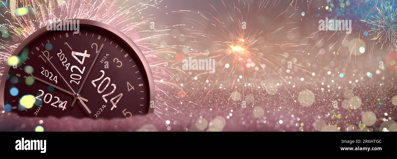 New 2024 Year greeting card with clock, fireworks and glitter, banner ...