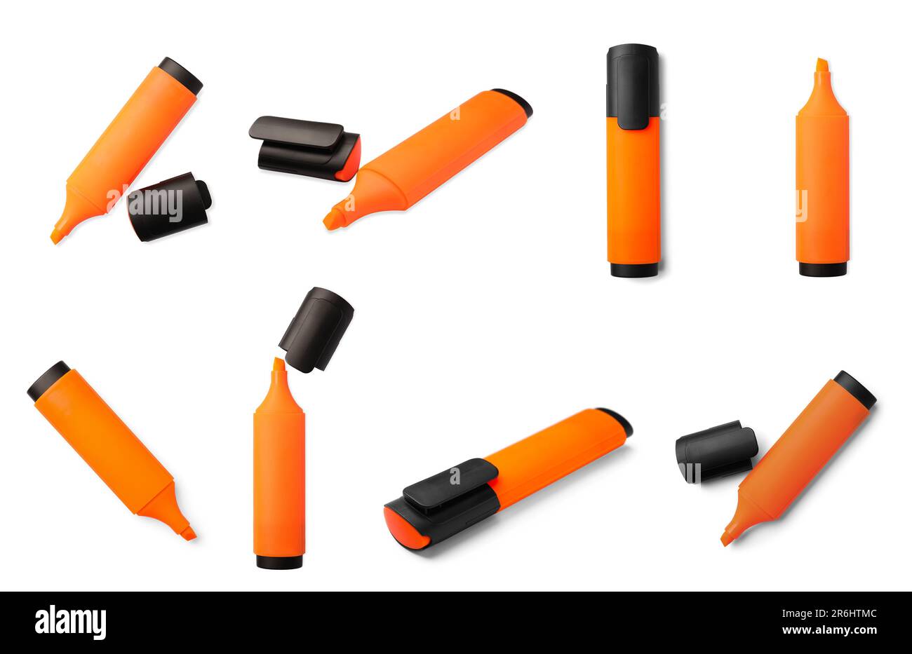 Collage with orange marker on white background, different sides Stock Photo
