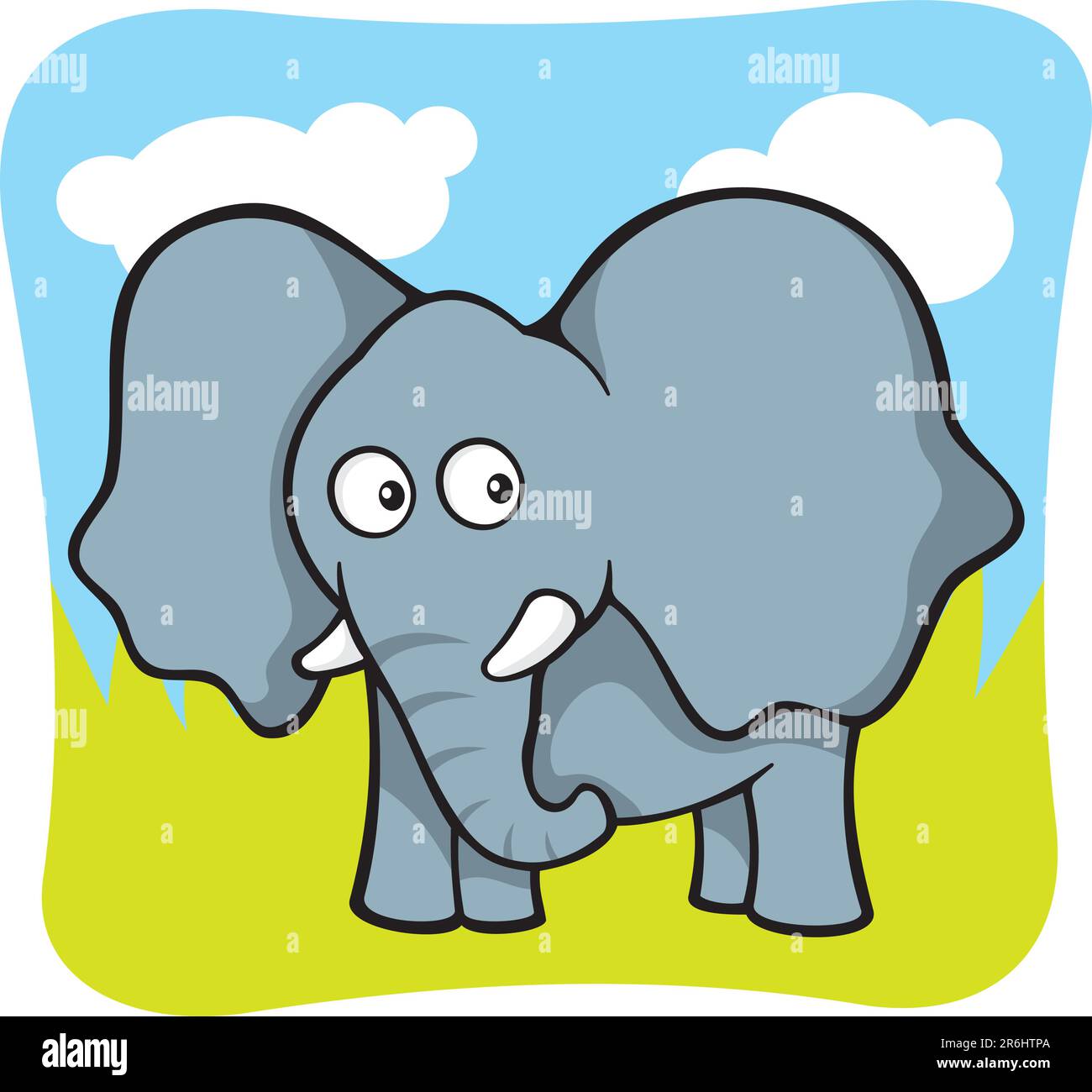 Cute baby elephant cartoon on sky and grass background Stock Vector