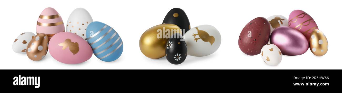 Set of beautifully decorated Easter eggs on white background Stock Photo