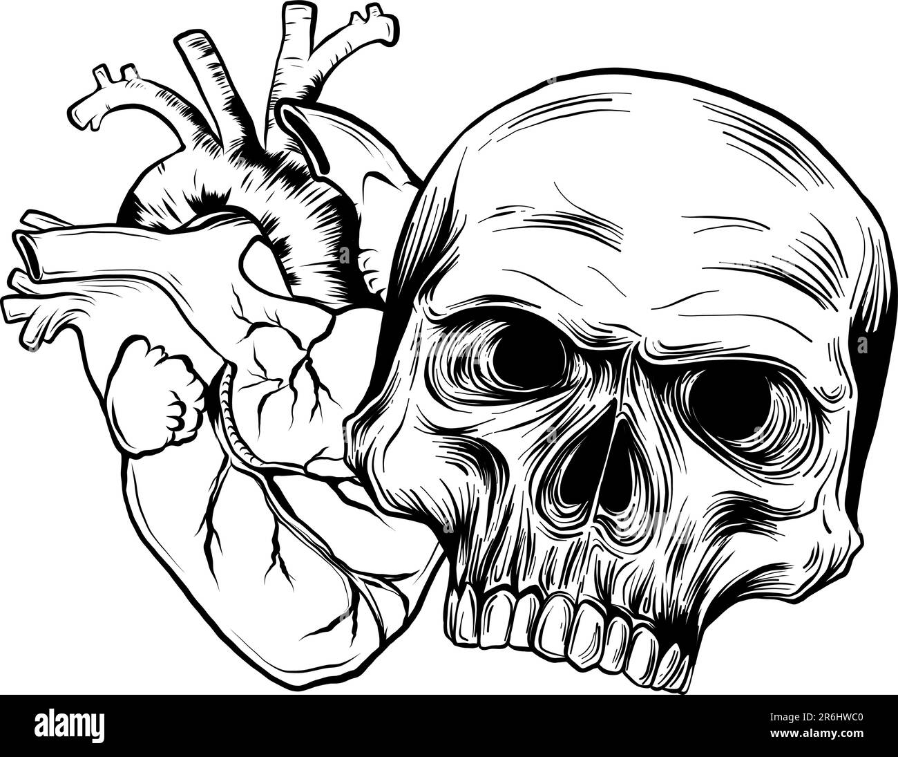 vector monochrome skull with heart on white background Stock Vector