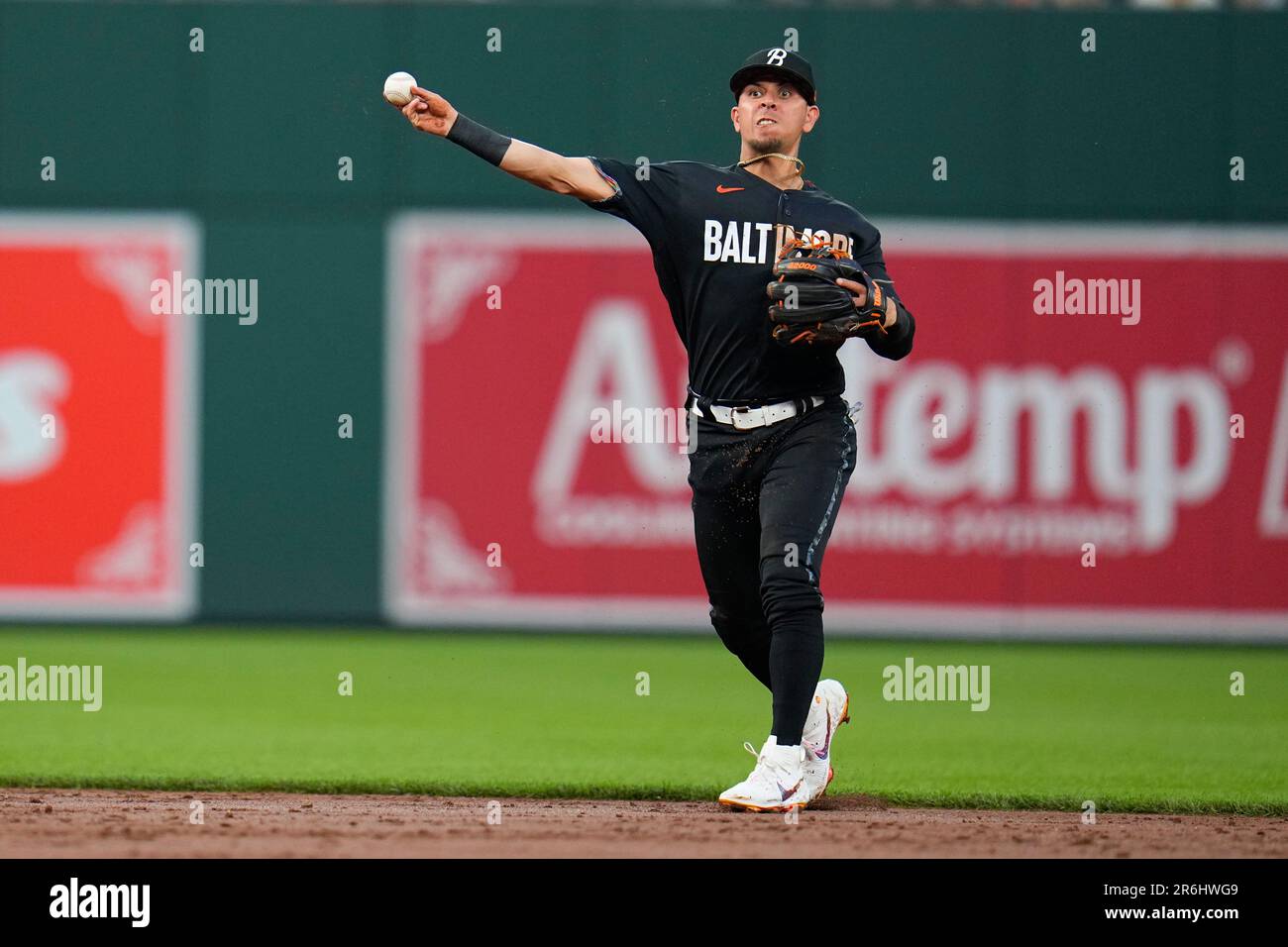 Baltimore Orioles second baseman Ramon Urias fields a groundout by the  Kansas City Royals during the third inning of a baseball game, Friday, June  9, 2023, in Baltimore. (AP Photo/Julio Cortez Stock