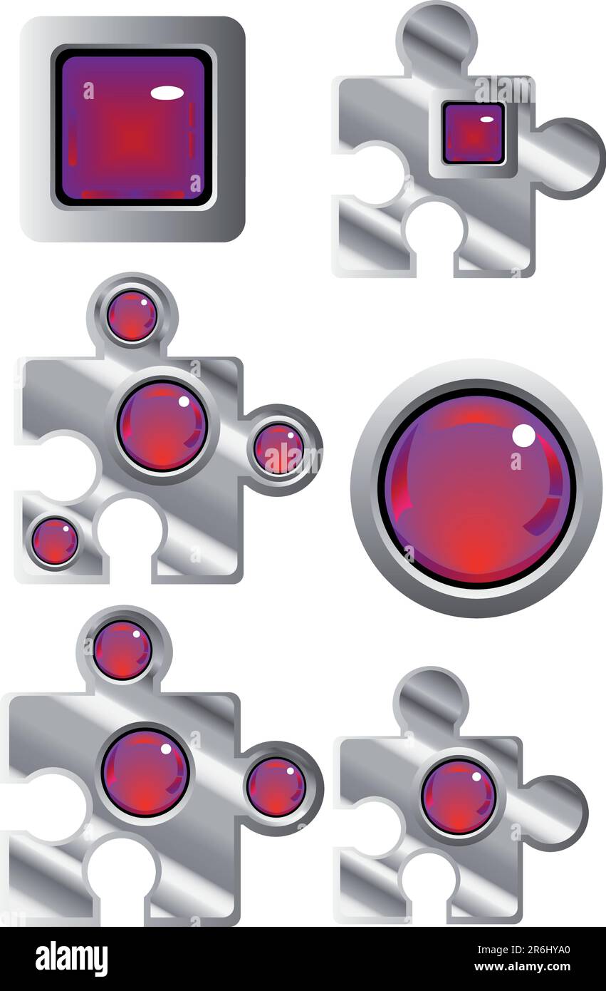 collection of fancy puzzle glass look web buttons in red and purple Stock Vector