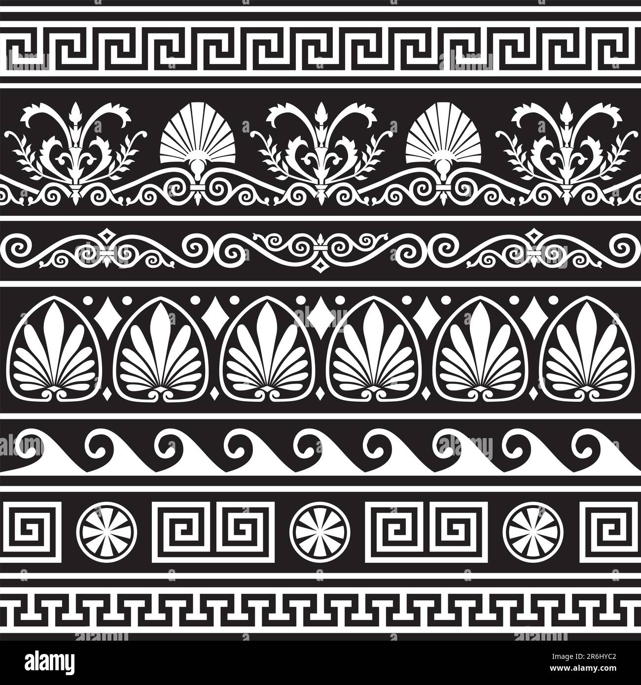 Collection of vector antique greek border ornaments. Elements isolated on black. Full scalable vector graphic, change colors as you like, included ... Stock Vector