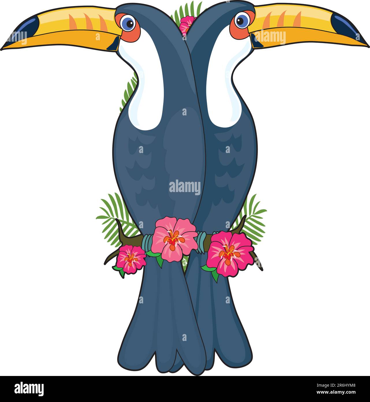 A pair of toucans sitting on a hibiscus branch. They are shaped like the letter T Stock Vector
