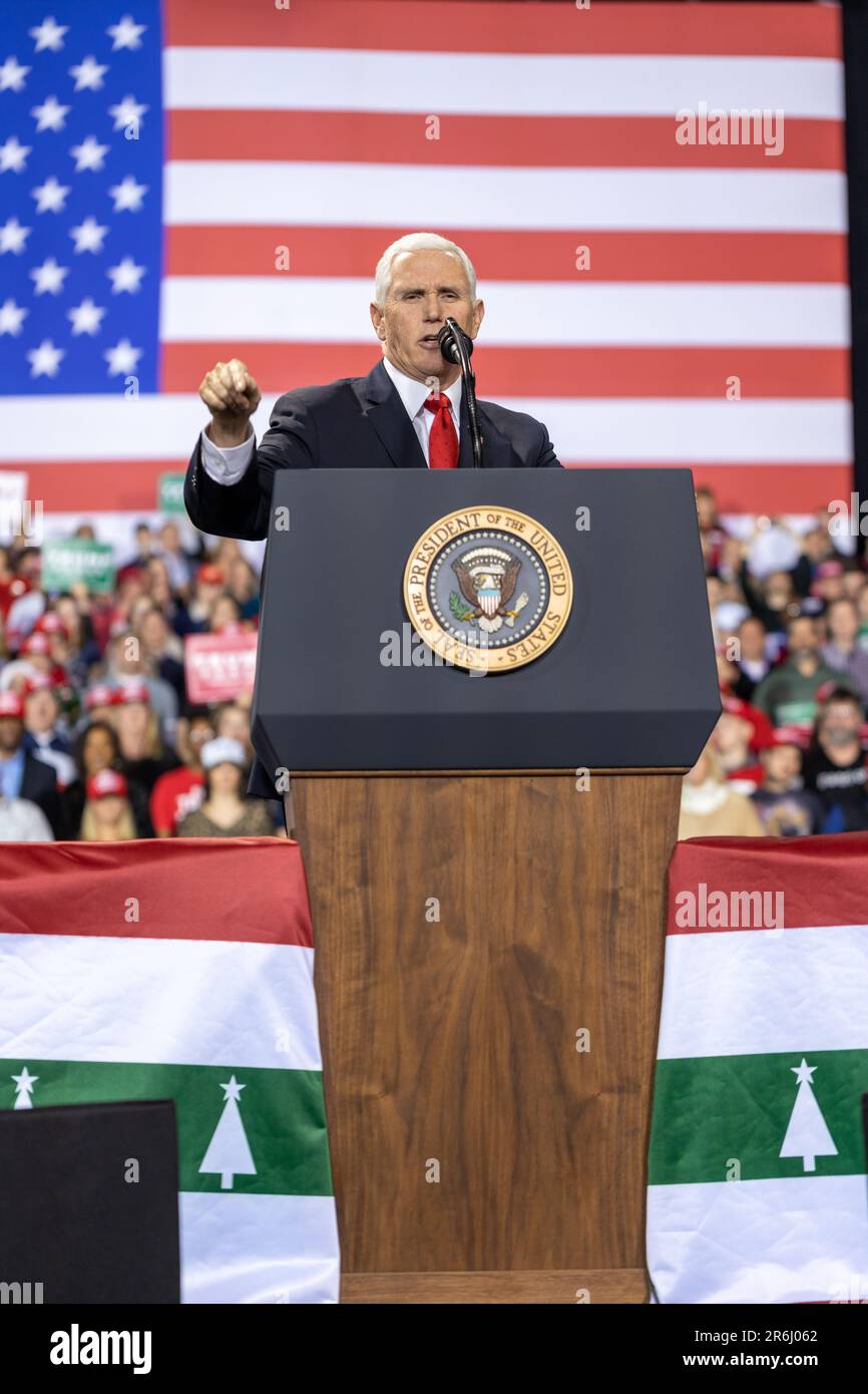 Vice President Mike Pence at a rally in Battle Creek, Michigan concurrent to the House of Representatives voting to impeach President Trump. Stock Photo