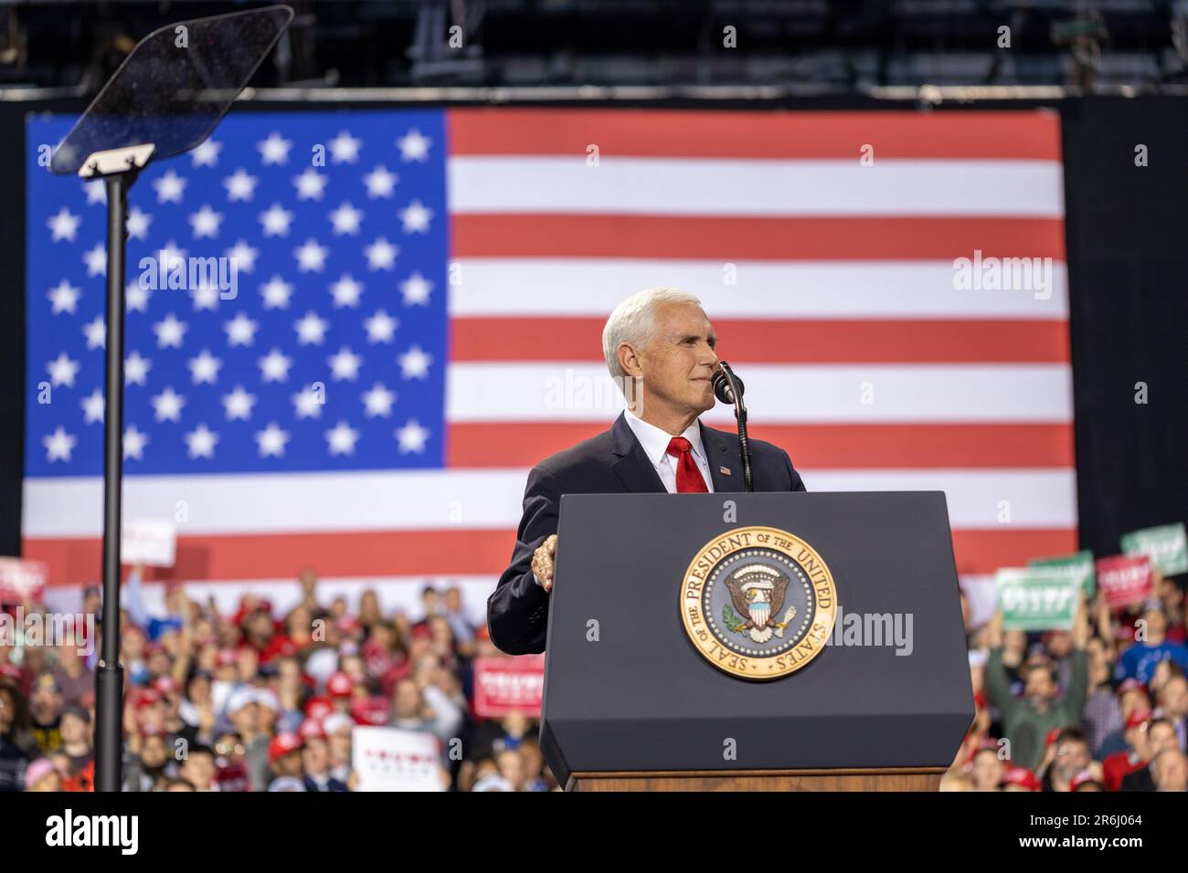 Vice President Mike Pence at a rally in Battle Creek, Michigan concurrent to the House of Representatives voting to impeach President Trump. Stock Photo