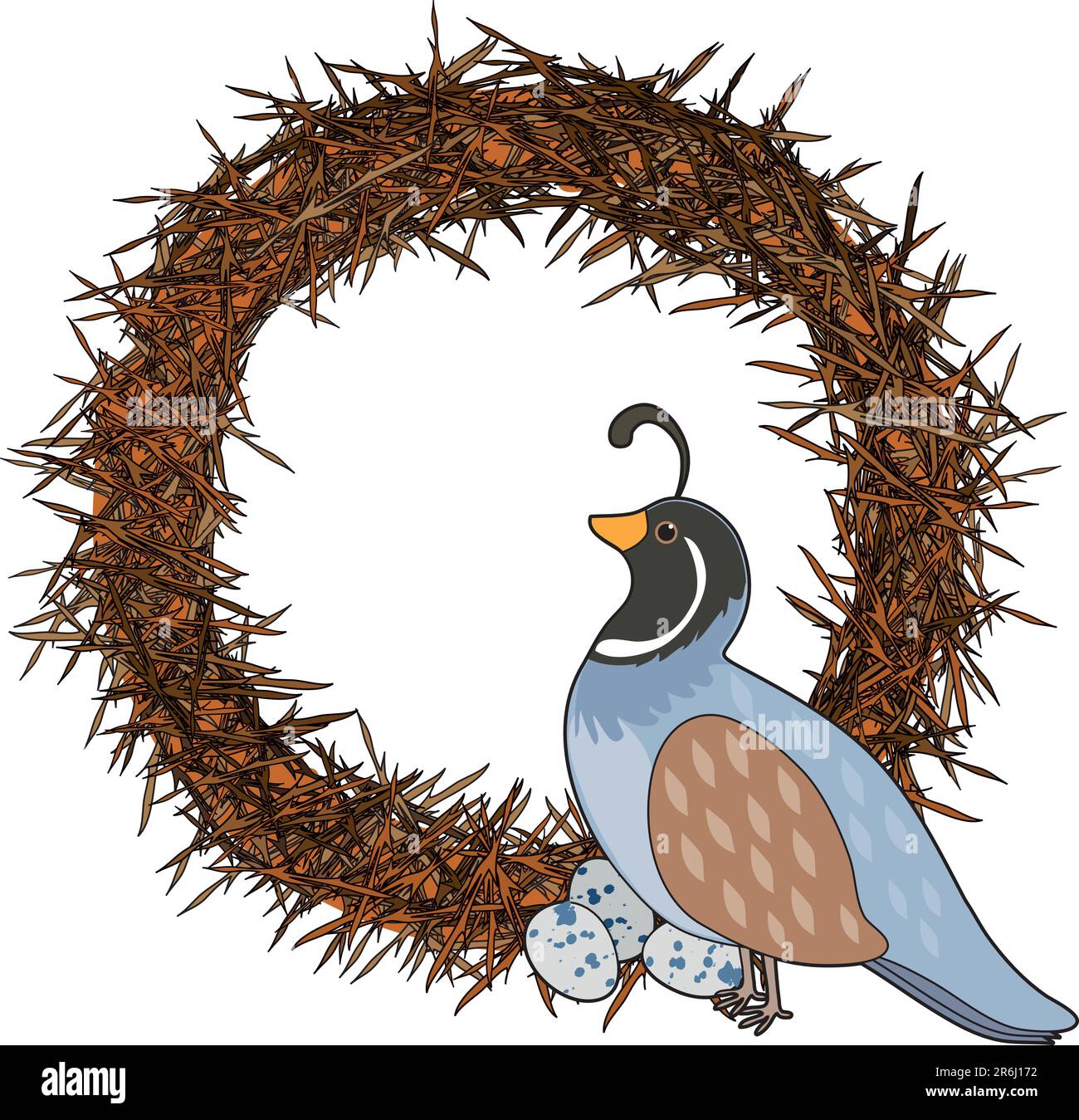 A quail is sitting on a nest with her eggs. She is shaped like the letter Q Stock Vector