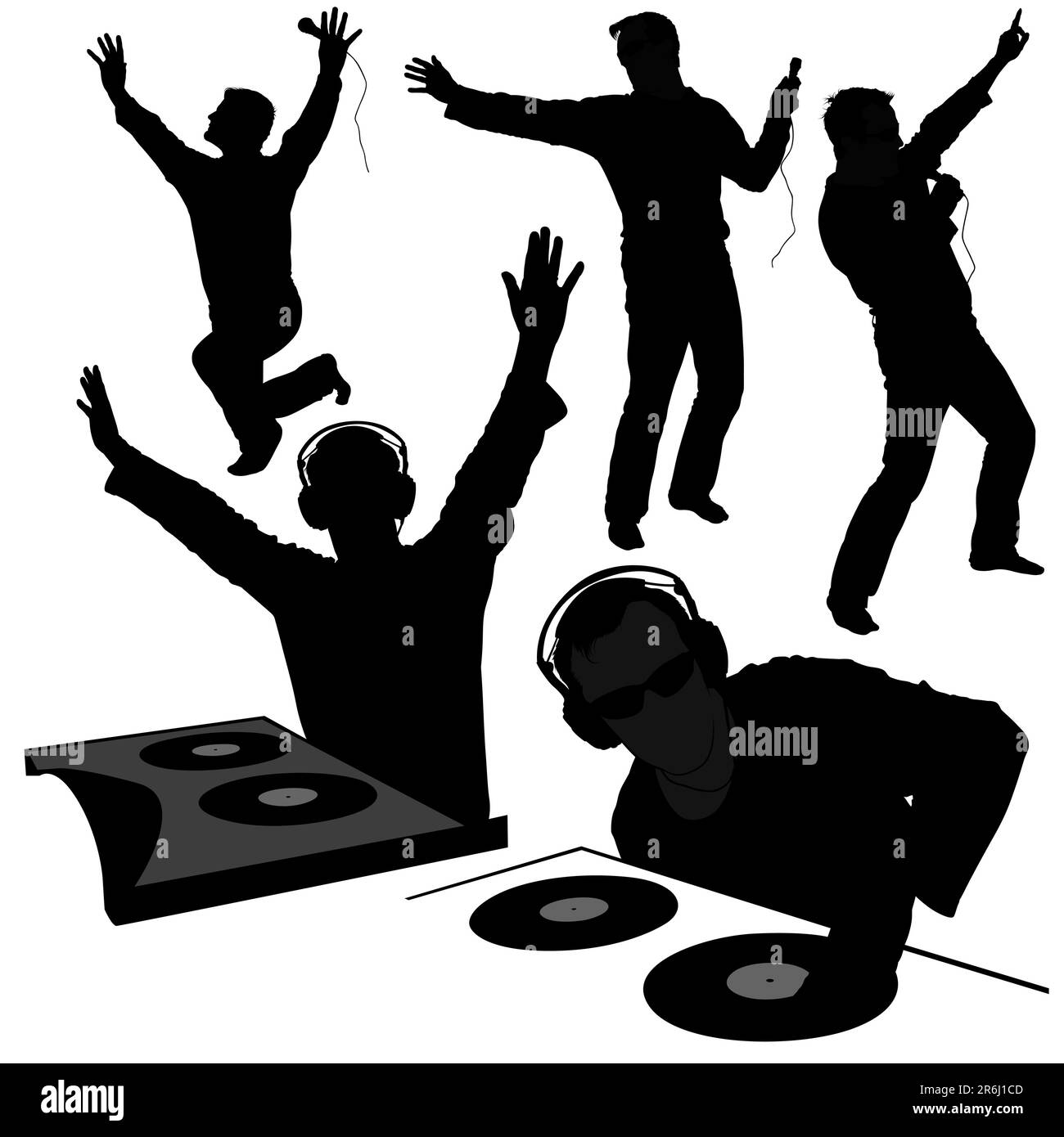 DJs 02 - Deejay silhouettes - Hight detailed black & white vector illustrations Stock Vector