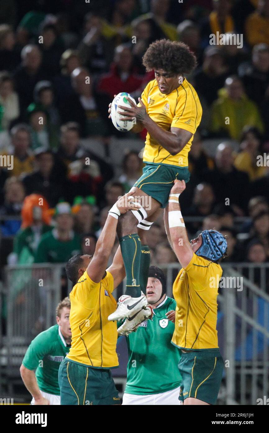 Australia’s Radike Samo wins a line out against Ireland during a Pool C match of the Rugby World Cup 2011, Eden Park, Auckland, New Zealand, Saturday, September 17, 2011. Stock Photo